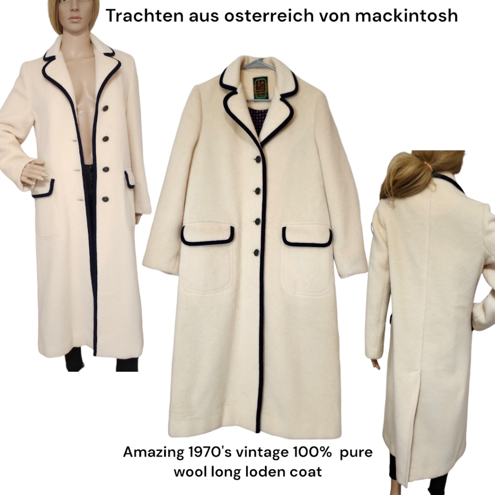 Vintage 70's Trachten pure wool loden coat off white navy button down Trench S